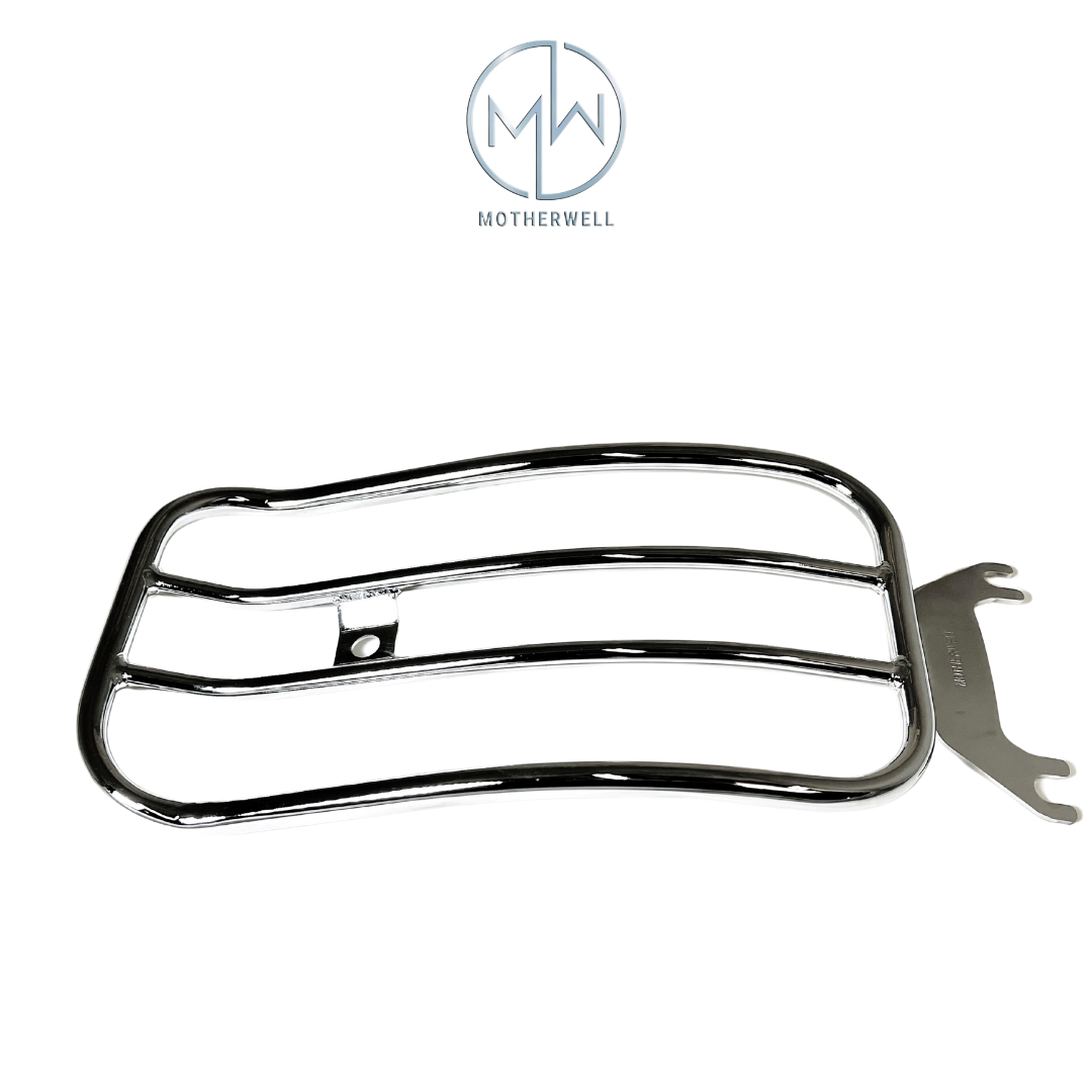 Motherwell MWL-431 Primary Series Solo Luggage Rack for Harley Touring models 1997+, gloss black finish, clip-in mount system, USA-made.