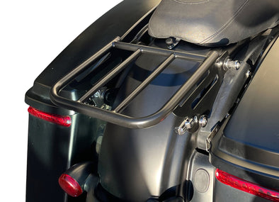 Black powder coated low profile luggage rack for Harley-Davidson touring models
